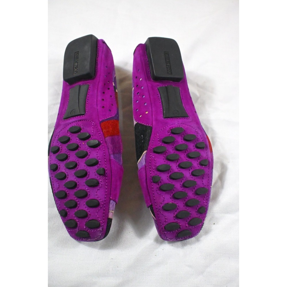 Emilio Pucci Purple Magenta Suede Geometric Print Driving Loafers Buckle Flats S - Picture 8 of 12